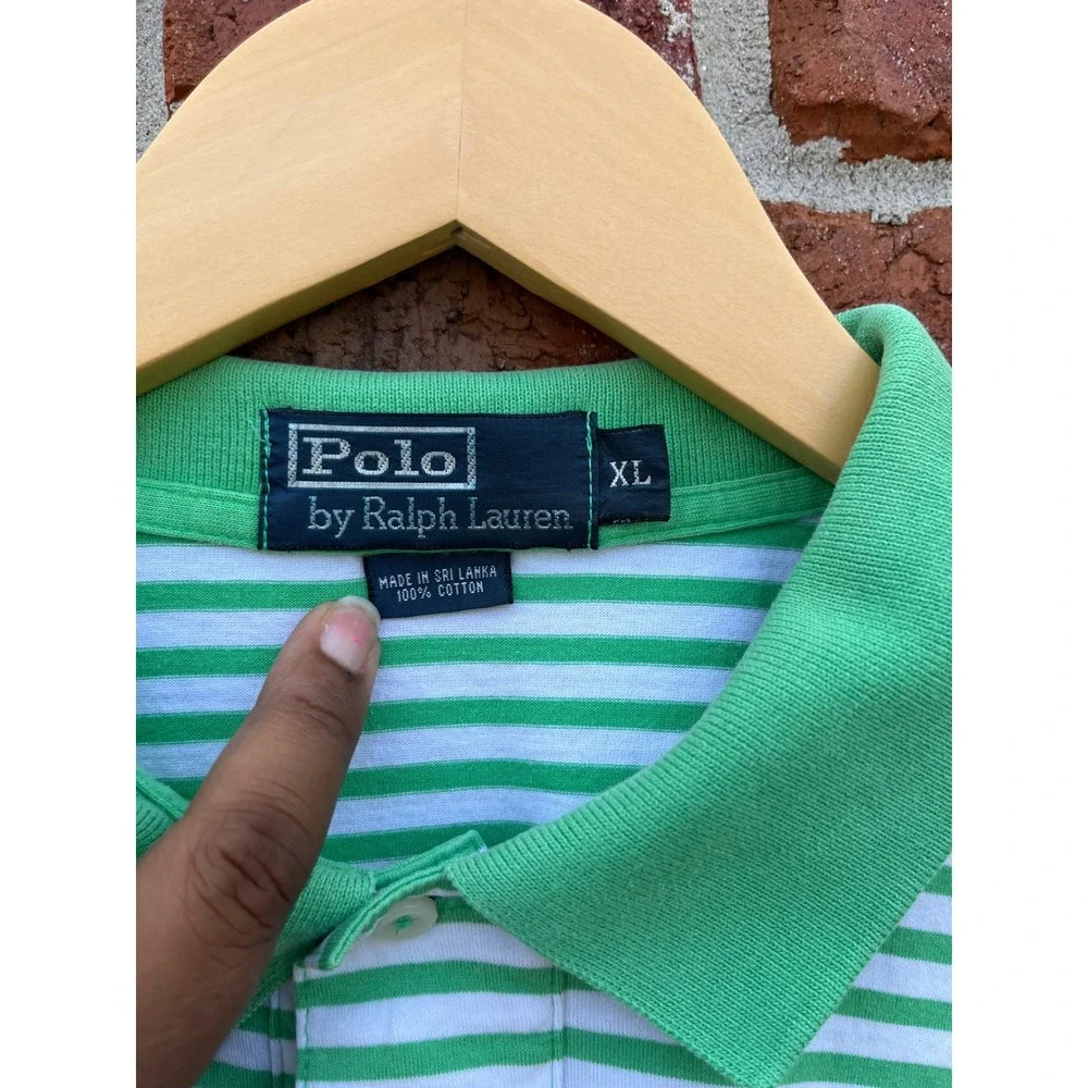 Polo Ralph Lauren Mens XL Green White Striped Short Sleeve Polo Shirt Cotton